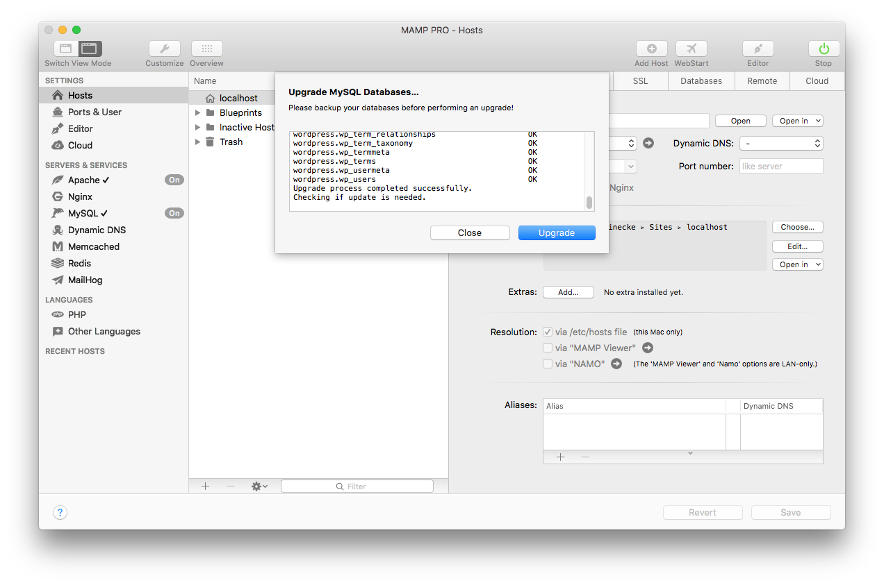 MAMP PRO - Tools - Upgrade MySQL Databases…