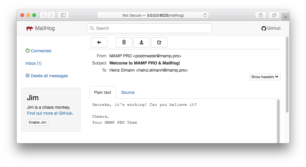 MAMP PRO - Servers & Services - MailHog GUI with test email
