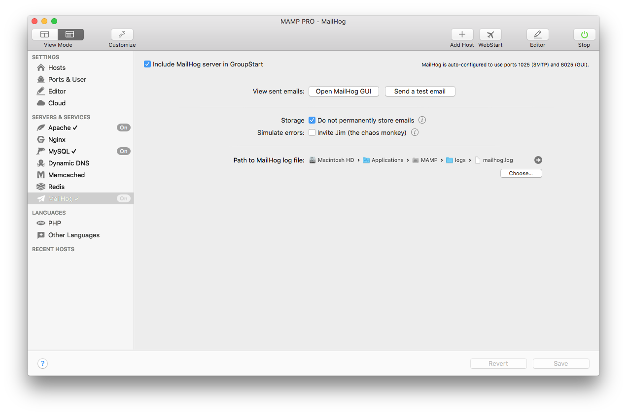 MAMP PRO - Servers & Services - MailHog