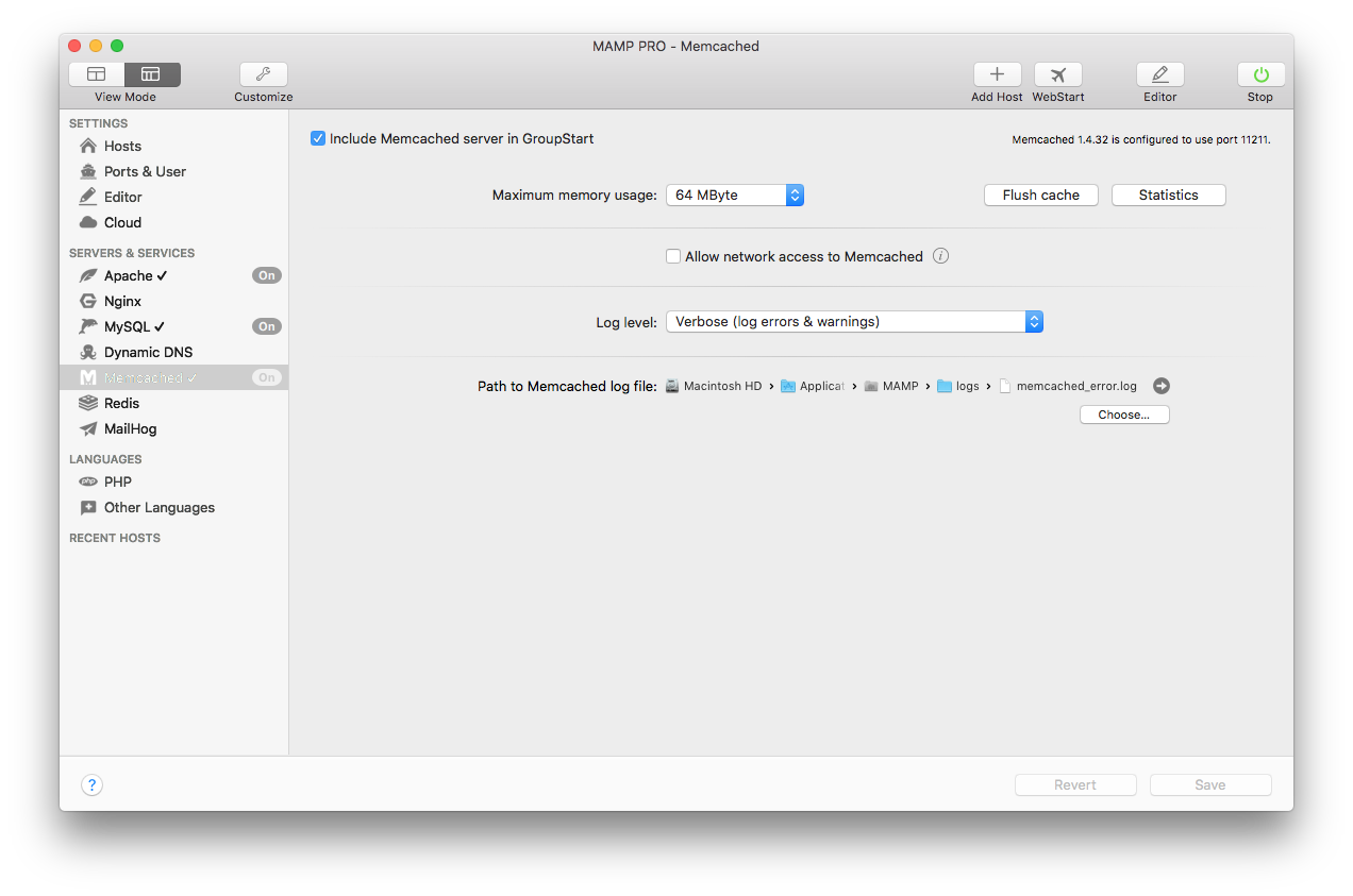 MAMP PRO - Servers & Services - Memcached