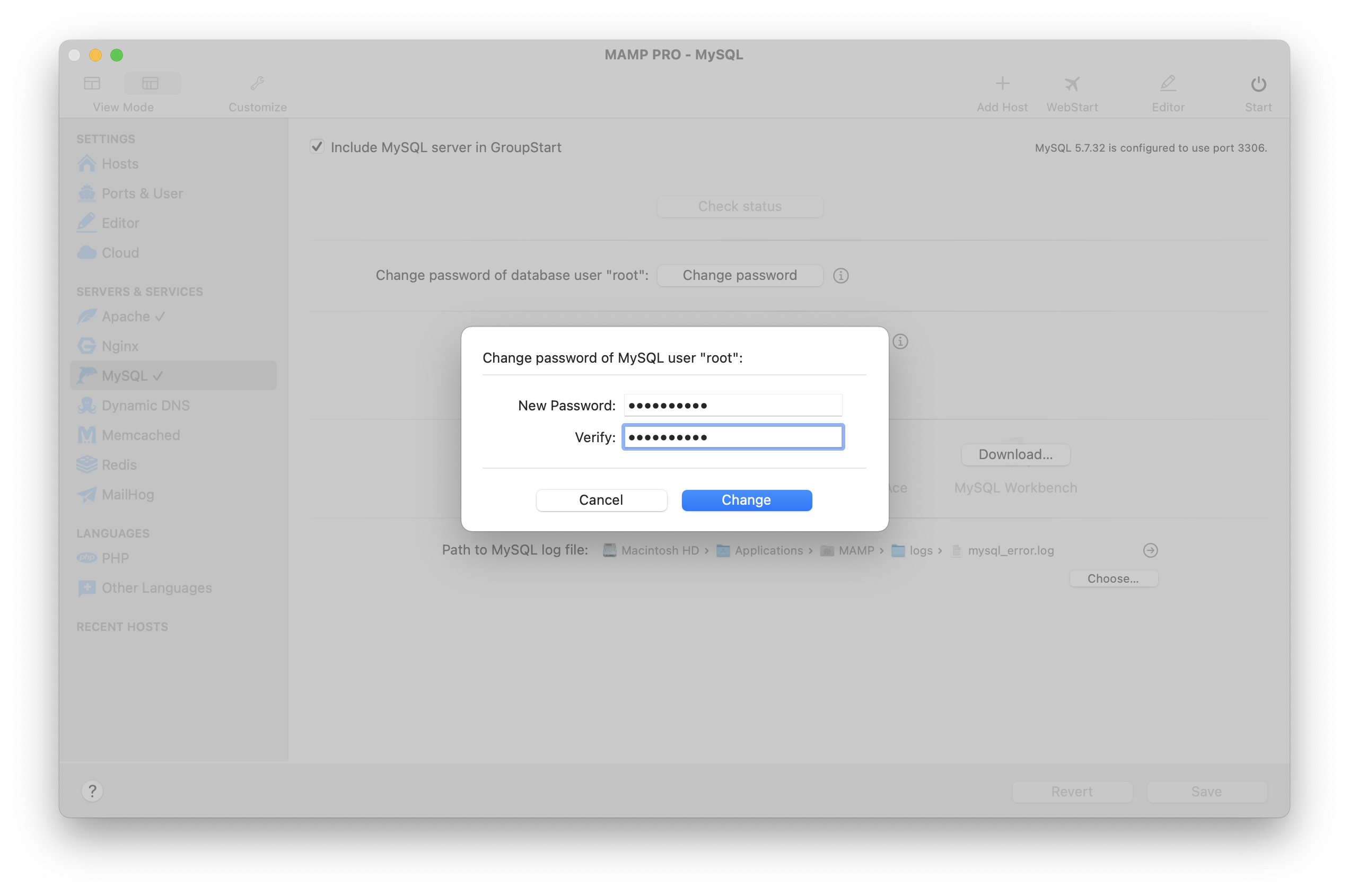 MAMP PRO - Servers & Services - MySQL - Change password of database user "root"