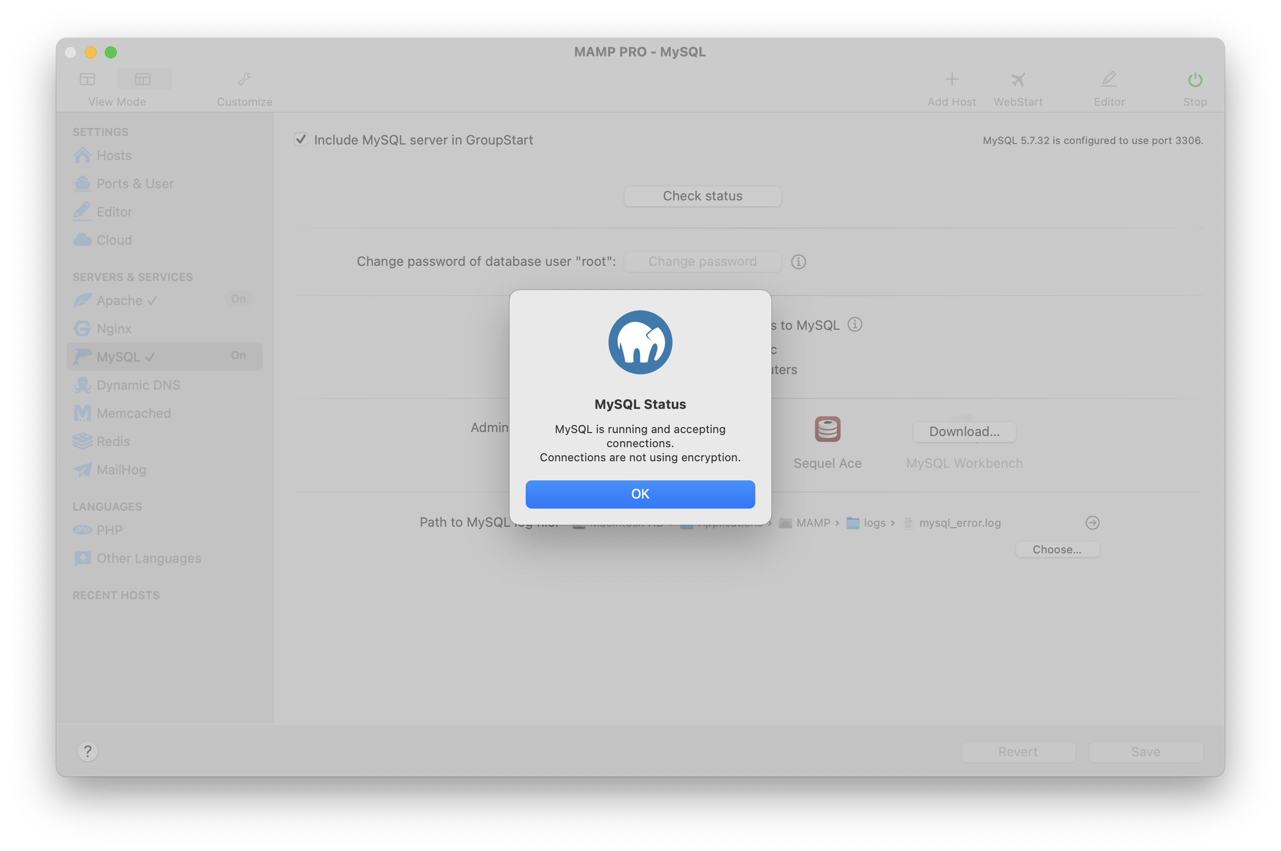 MAMP PRO - Servers & Services - MySQL - Check status