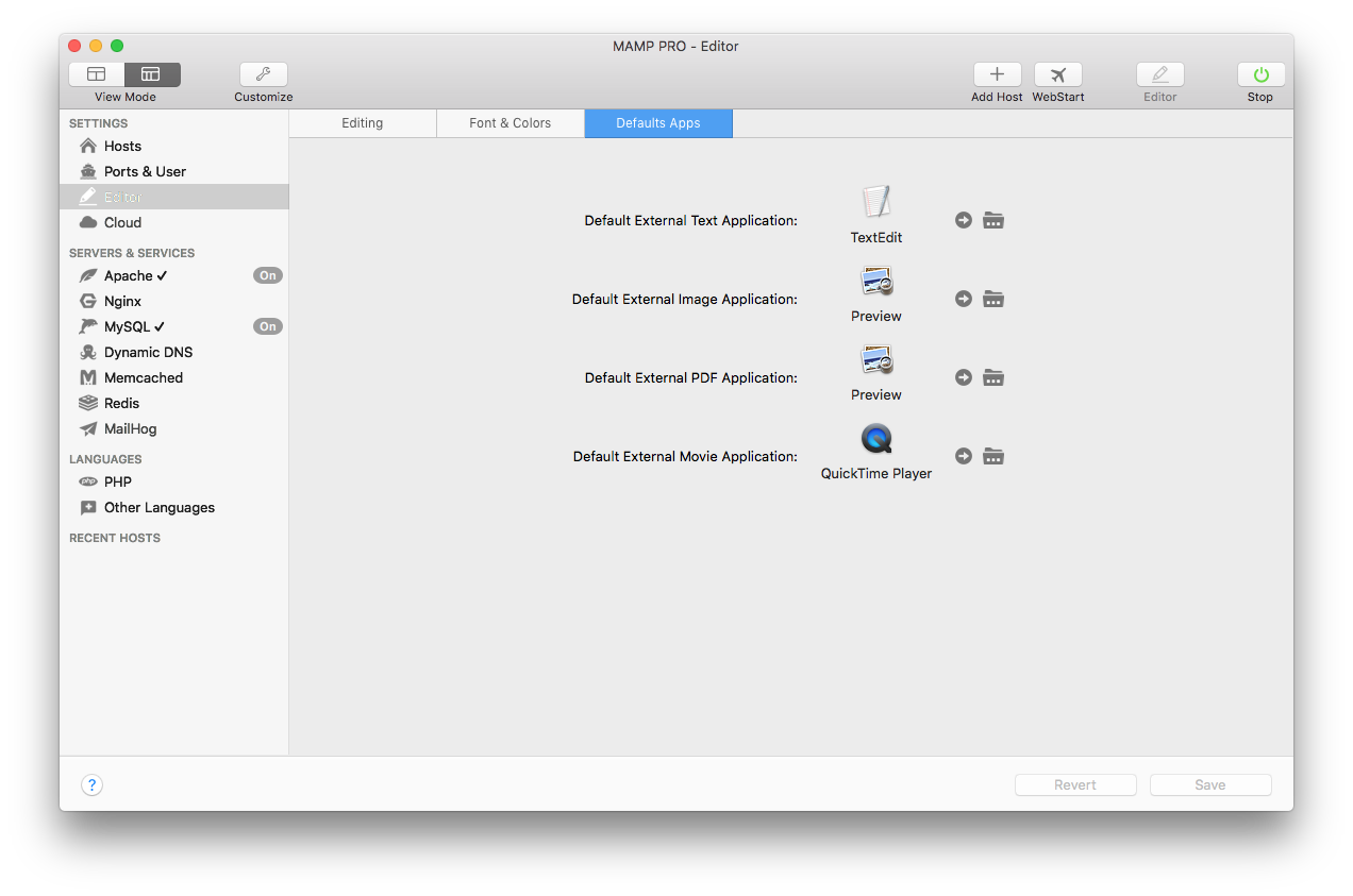 MAMP PRO - Settings - Editor - Default Apps