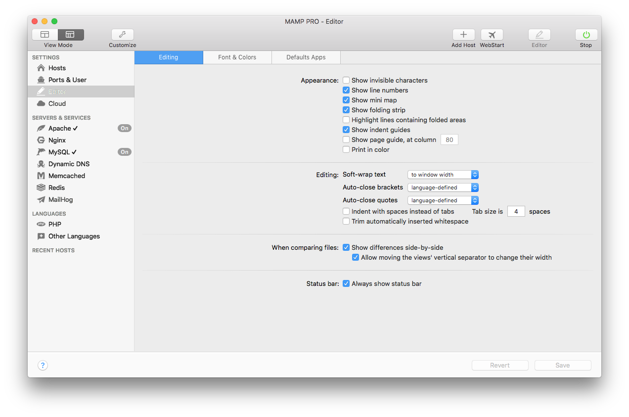 MAMP PRO - Settings - Editor - Editing