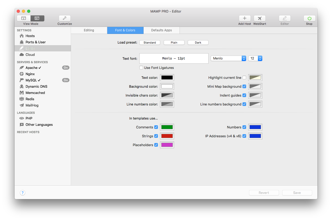 MAMP PRO - Settings - Editor - Font & Colors
