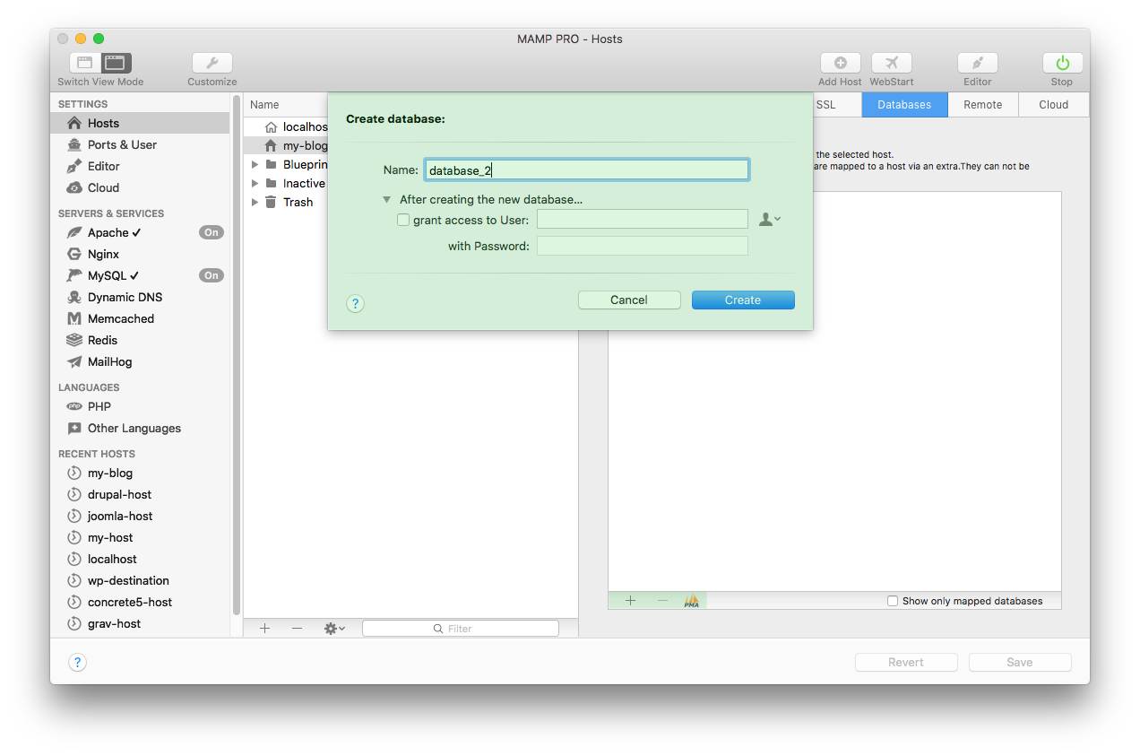 MAMP PRO - Databases - Create database