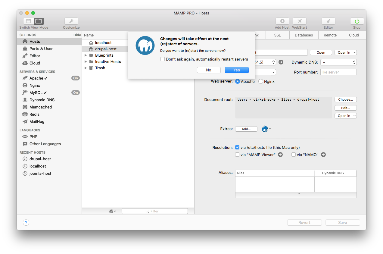 MAMP PRO - Extra - Drupal - Restart servers