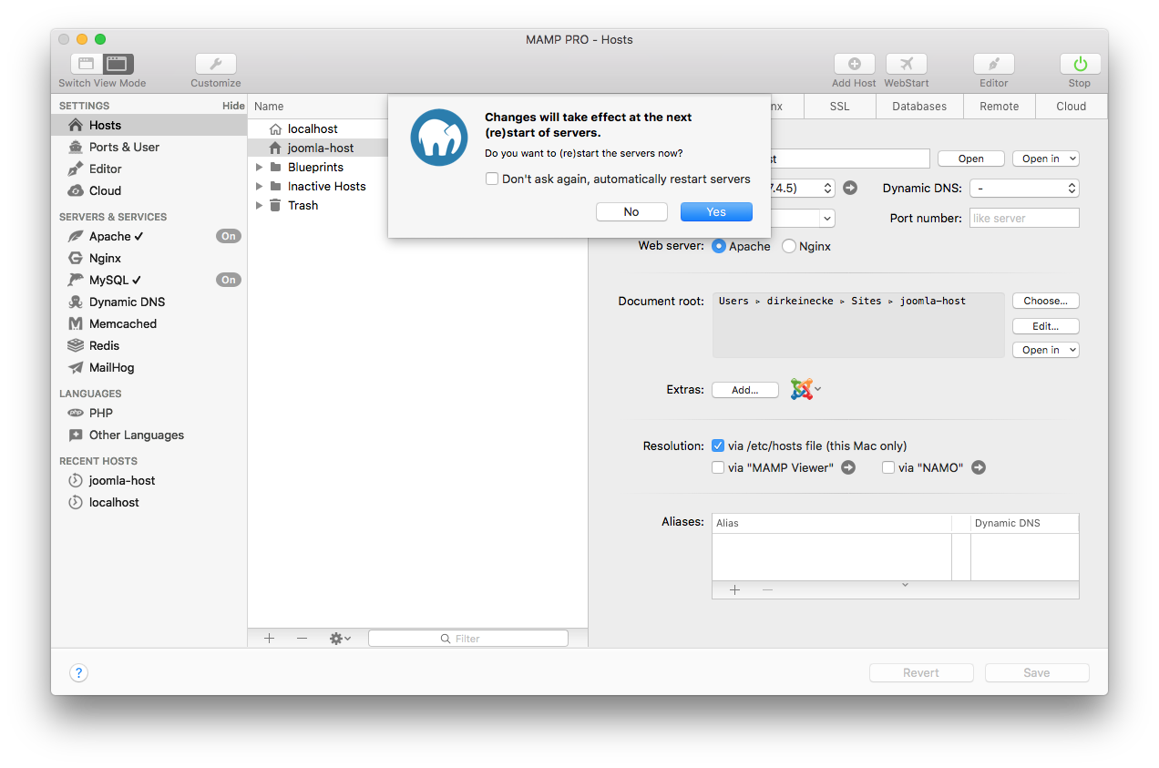 MAMP PRO - Extra - Joomla - Restart servers