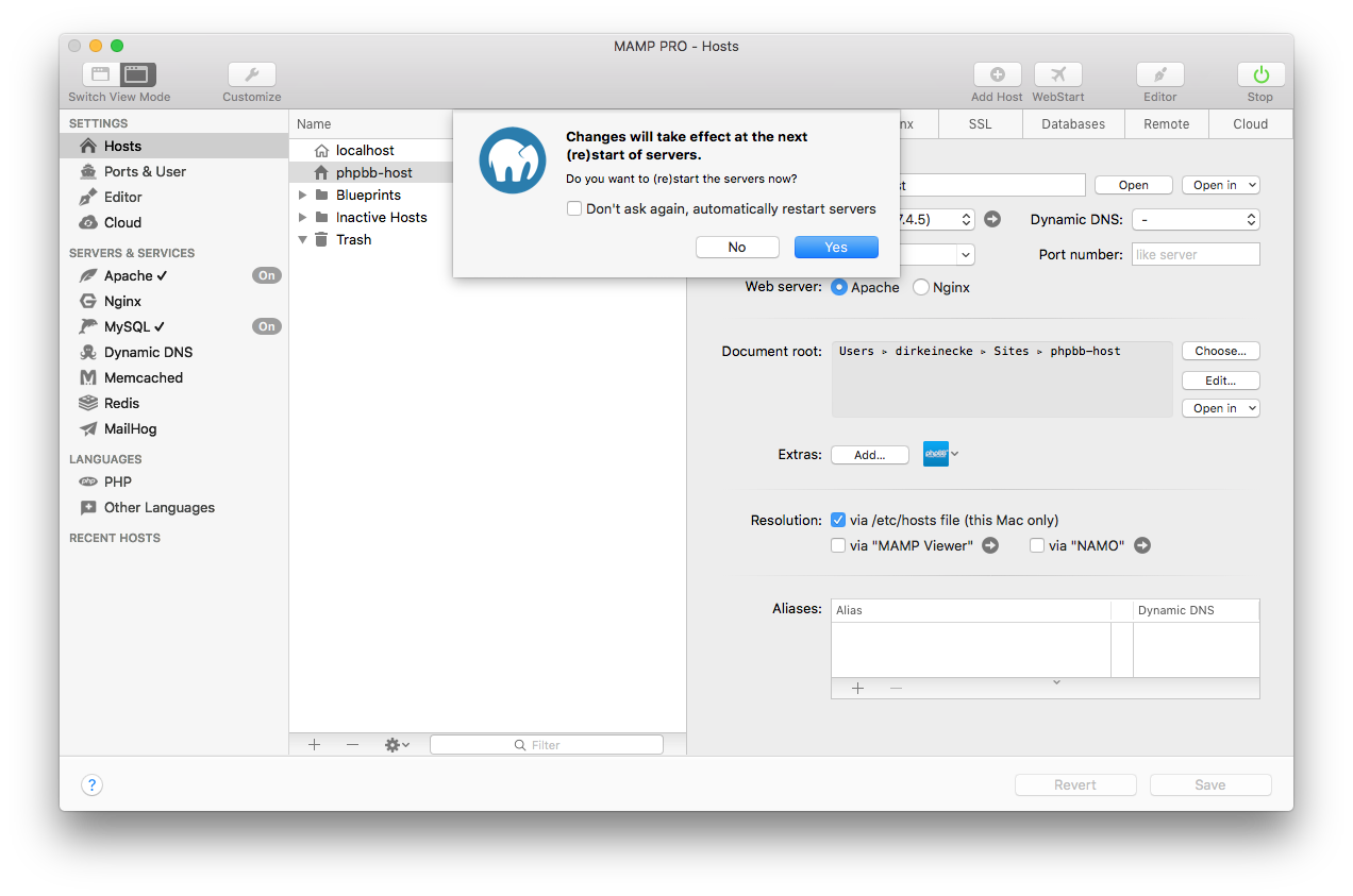 MAMP PRO - Extra - phpBB - Restart servers