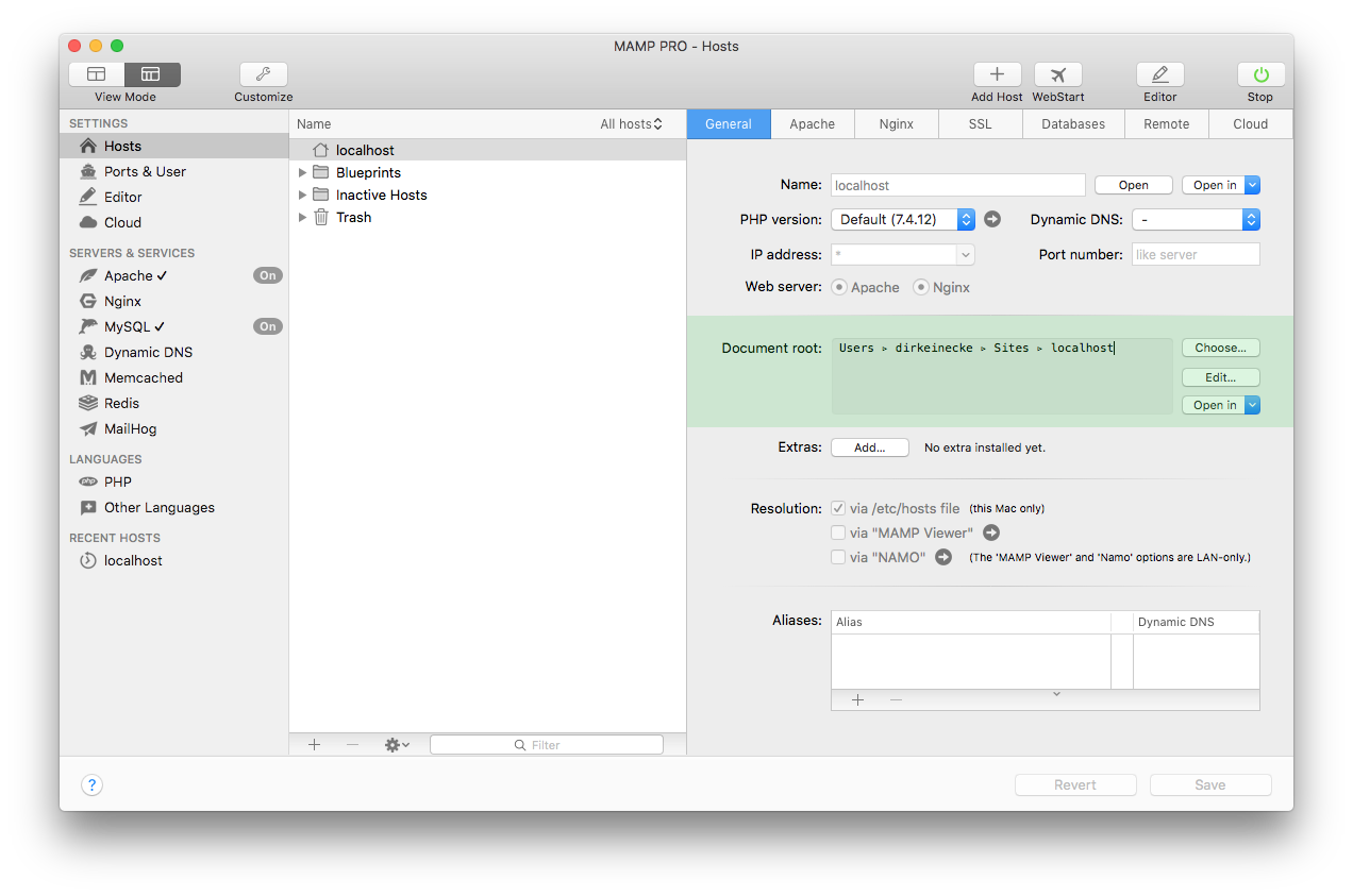 MAMP PRO - Hosts - General - Document root