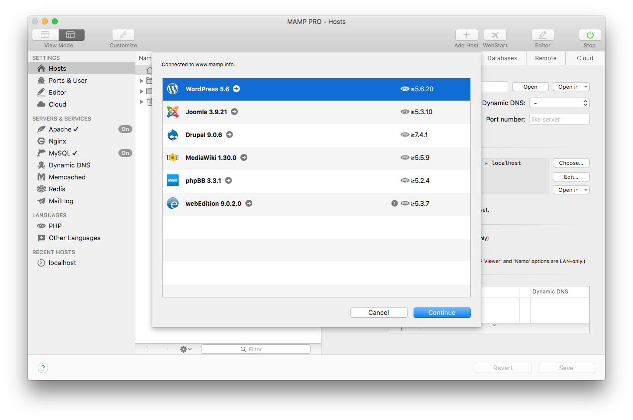 MAMP PRO - Hosts - General - Extras List
