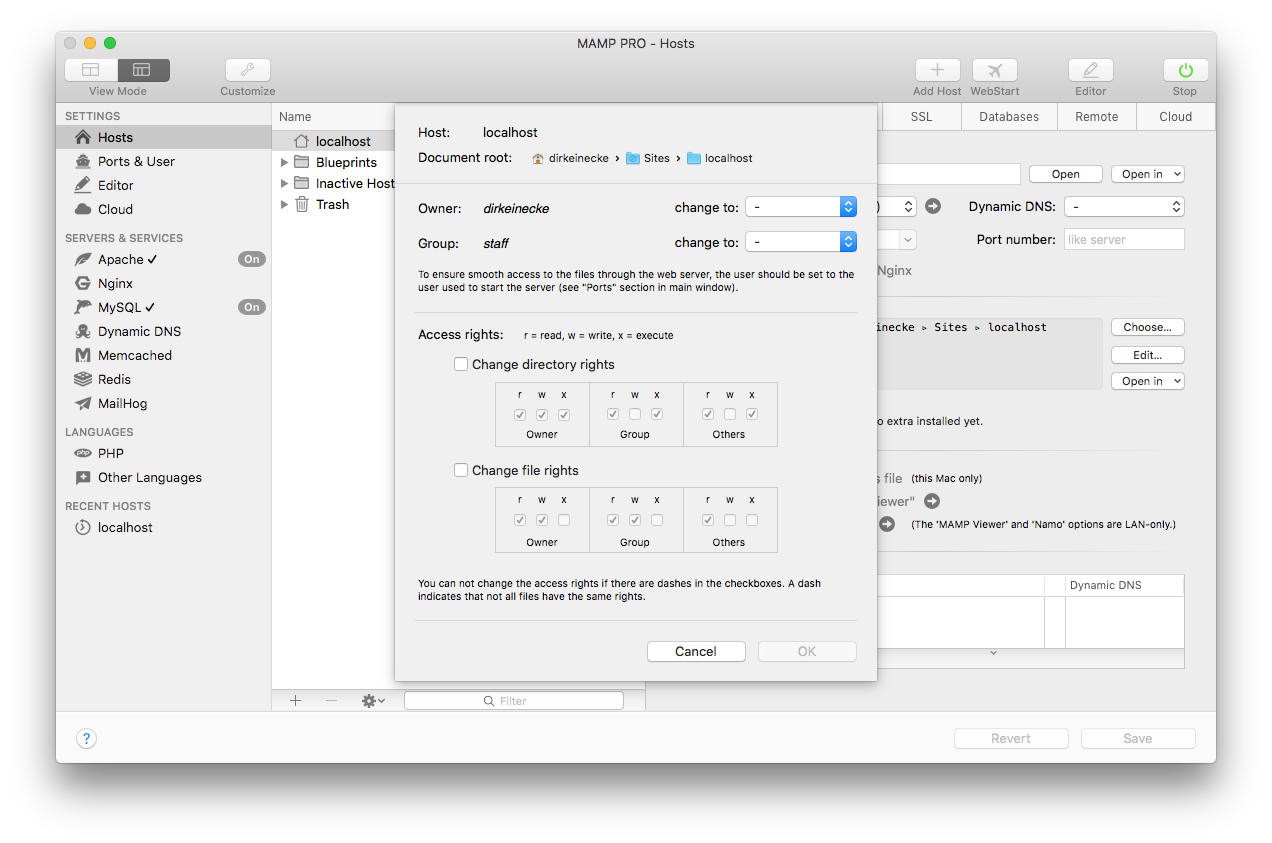 MAMP PRO - Hosts - General - Permissions Panel