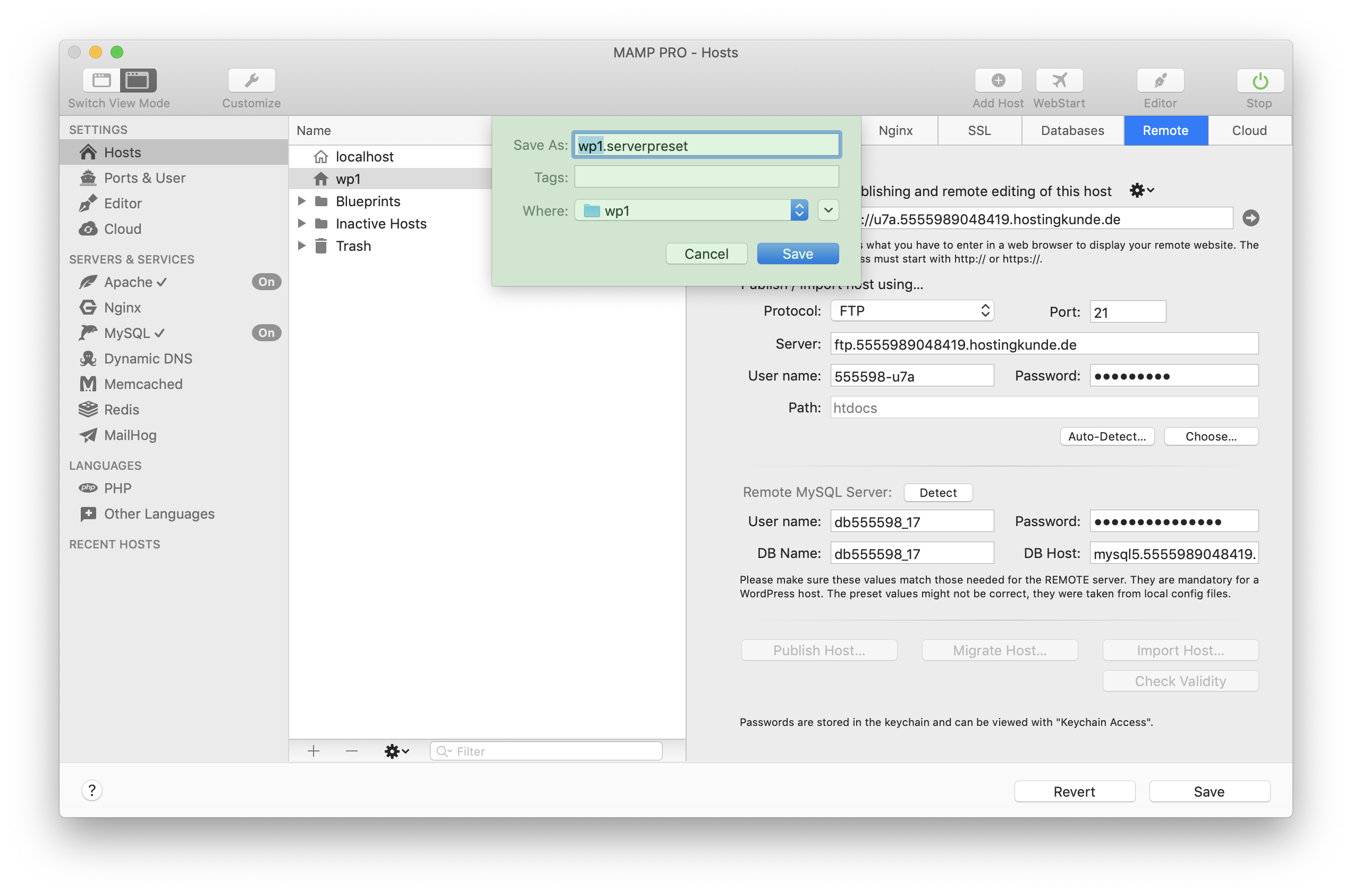 MAMP PRO - Remote - Save current Server Settings of this Host...