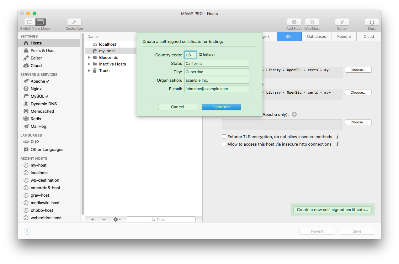 MAMP PRO - SSL - Create a new self-signed certificate