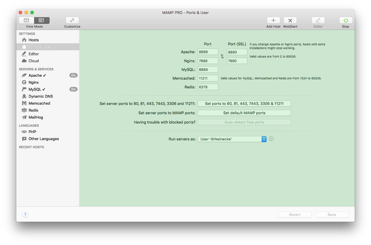 MAMP PRO - Ports and Users