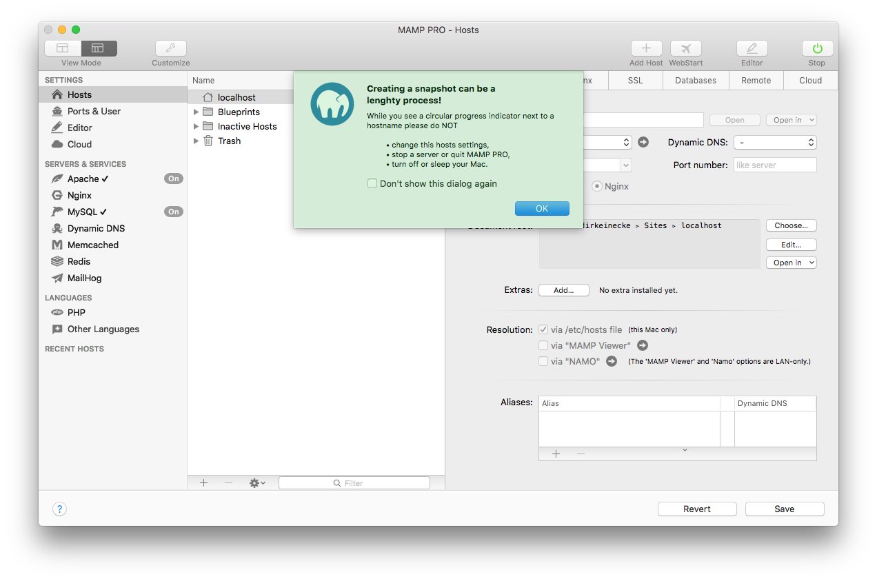 MAMP PRO - Create Snapshot - Message