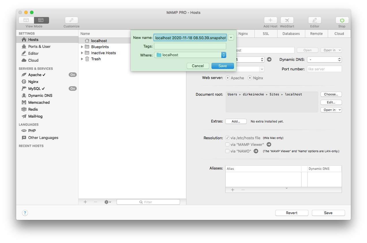MAMP PRO - Create Snapshot - Specify the file name and location
