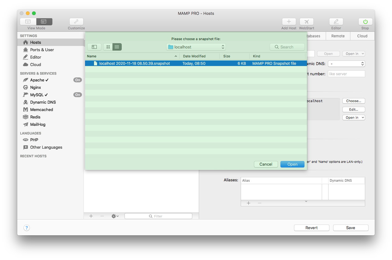 MAMP PRO - Restore Snapshot - Select the snapshot to restore
