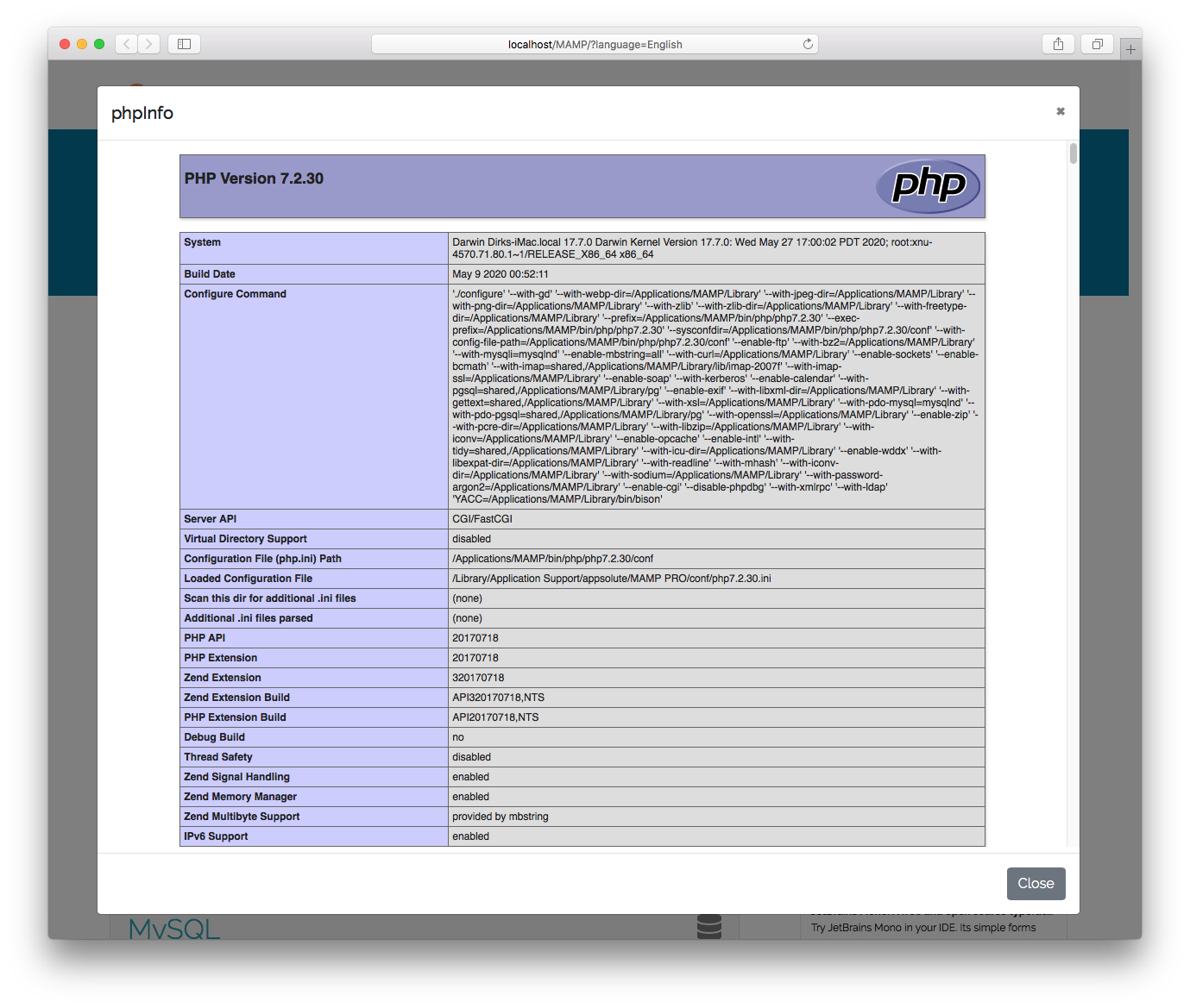 MAMP PRO - WebStart - phpInfo