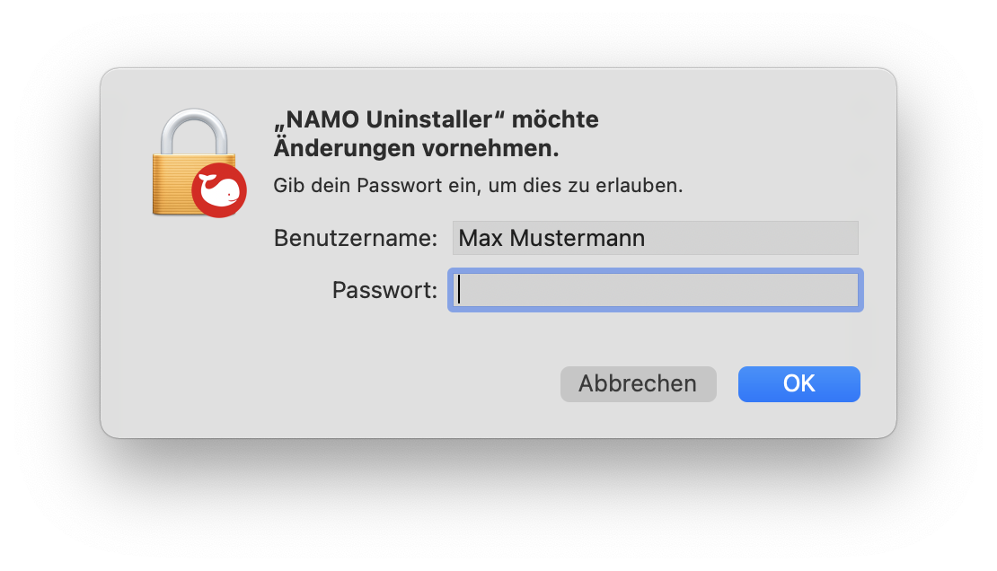 NAMO Uninstaller - Gib dein Passwort ein, um dies zu erlauben.