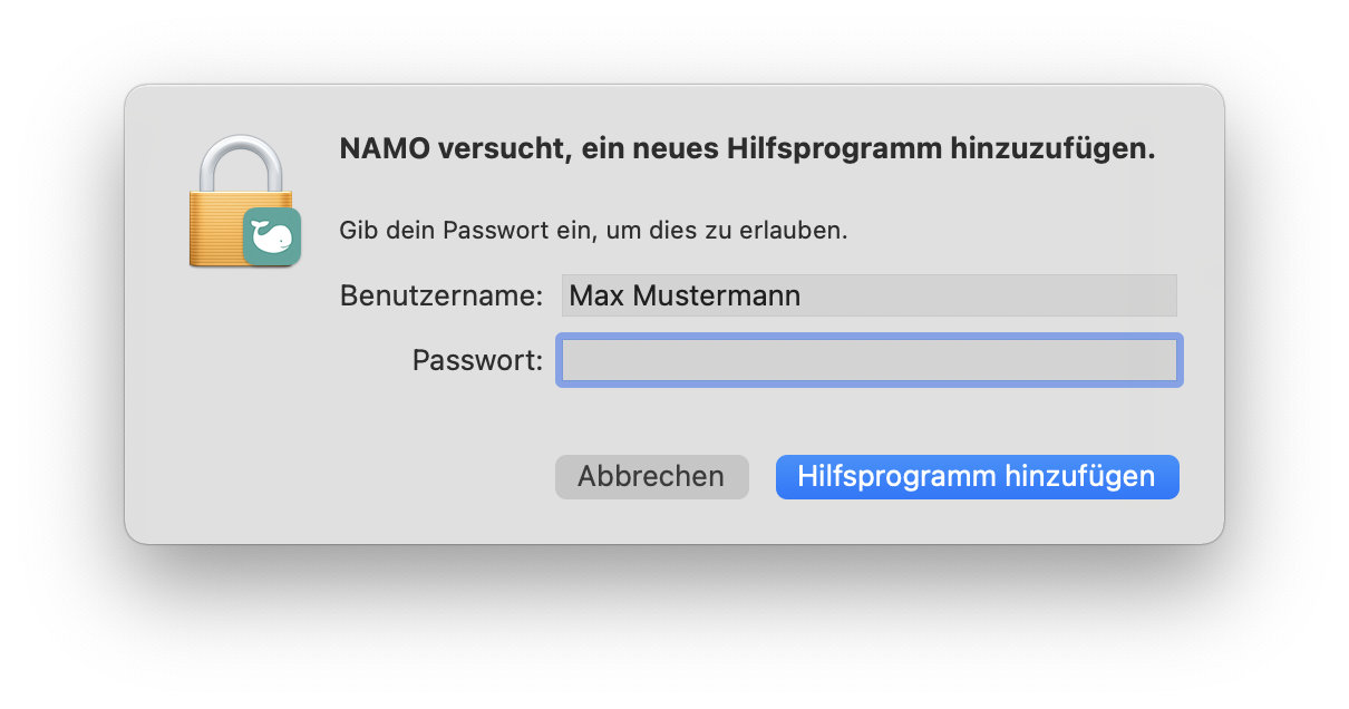 NAMO - Hilfsprogramm installieren/aktualisieren - Passwort