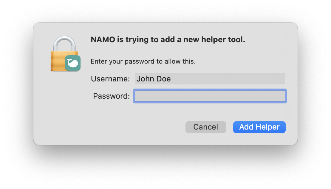 NAMO - Install helper tool - Password