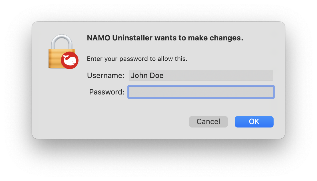 NAMO Uninstaller - Enter your password to allow this.