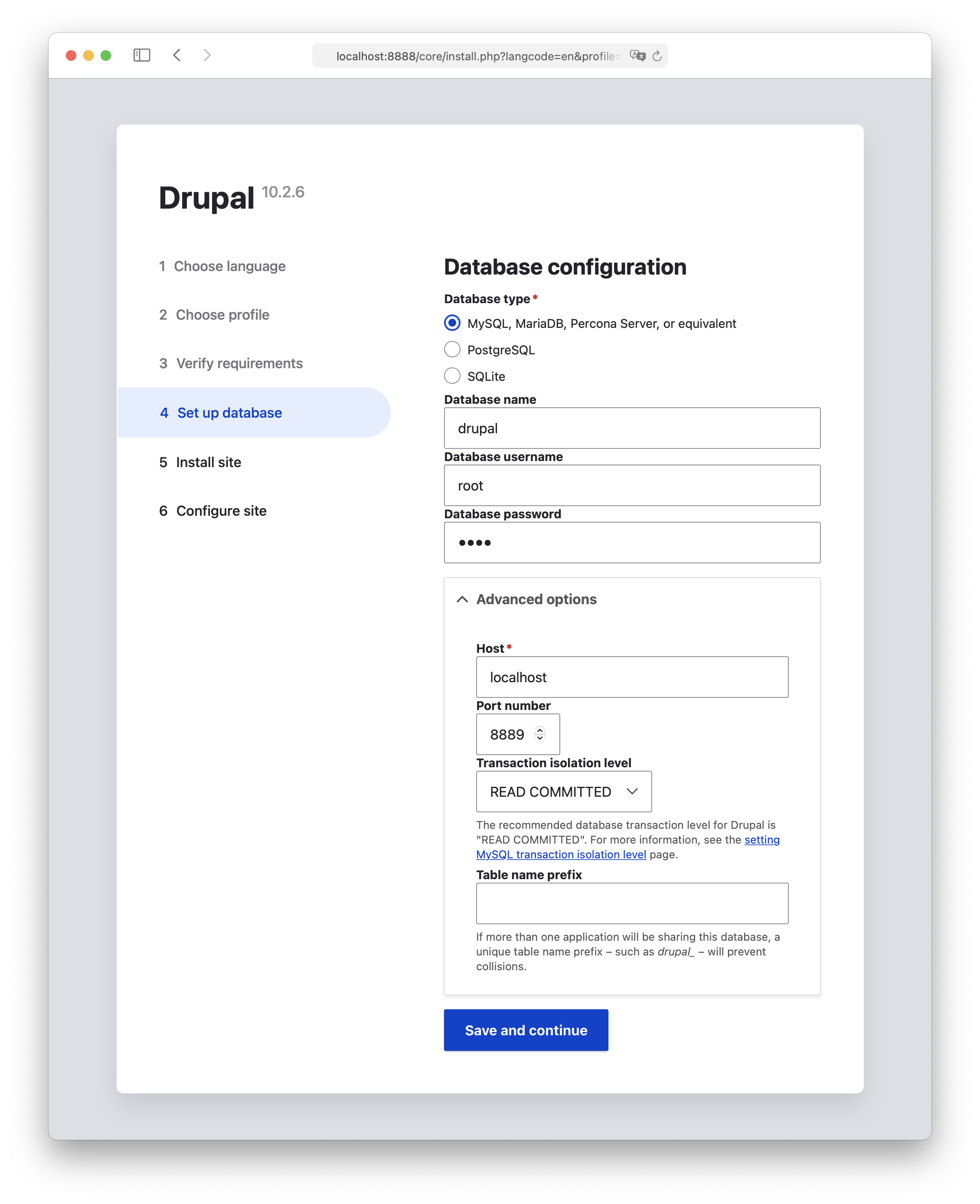 MAMP - Drupal installation - Database configuration