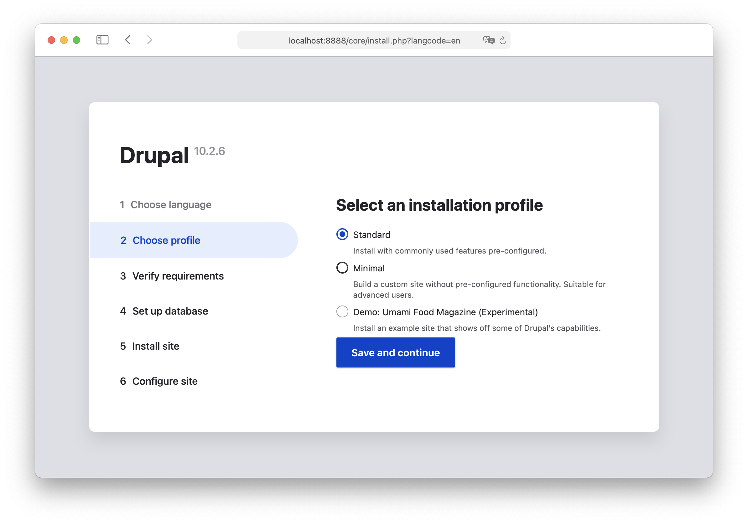 MAMP - Drupal installation - Select an installation profile