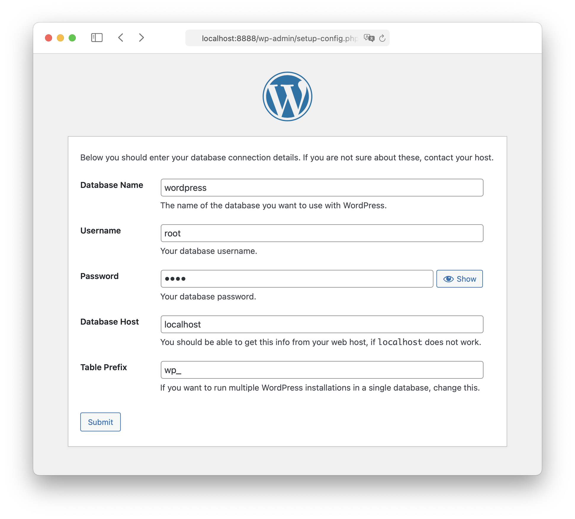 MAMP - WordPress installation