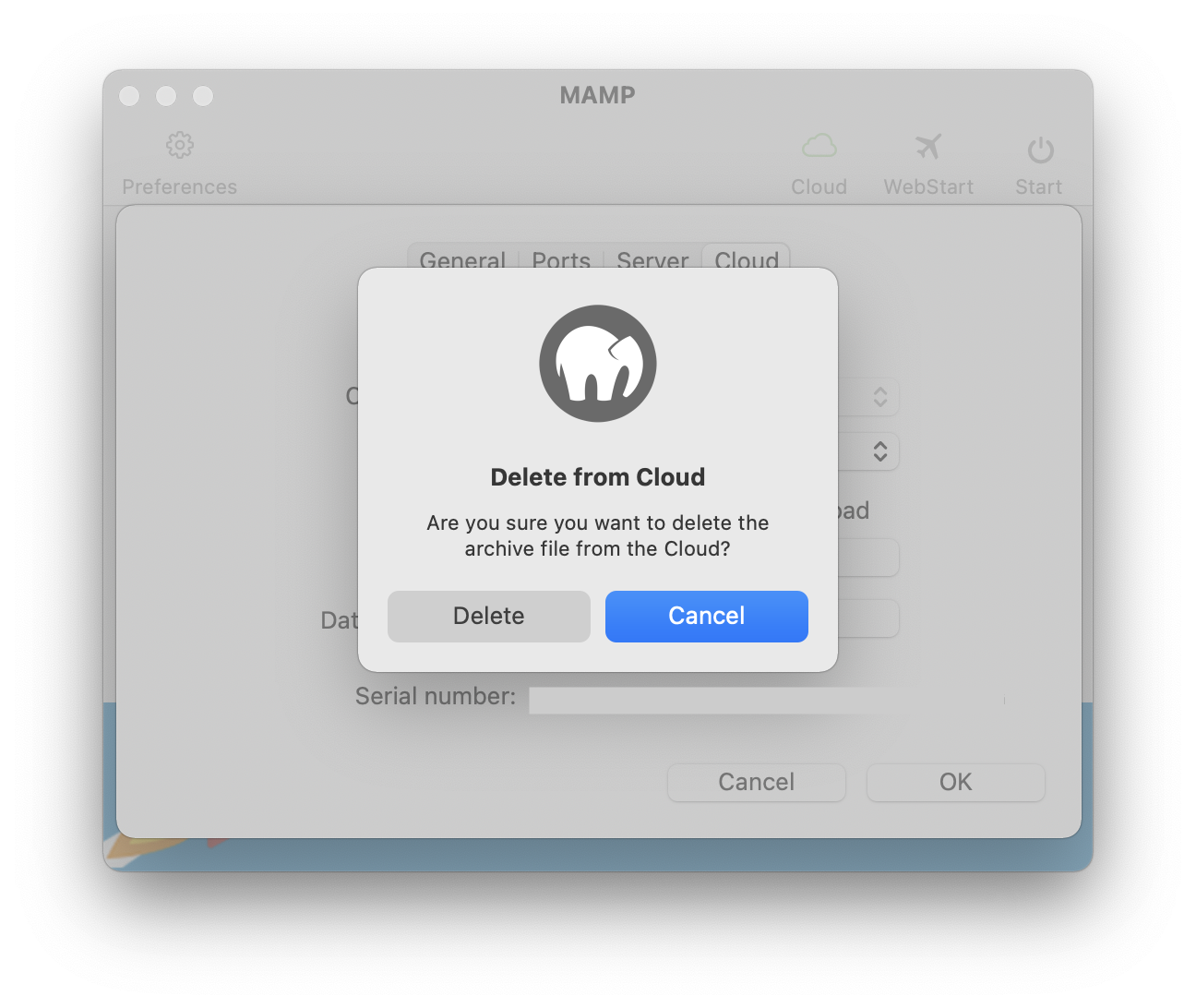 MAMP - Preferences - Cloud - Data in the cloud - Delete now