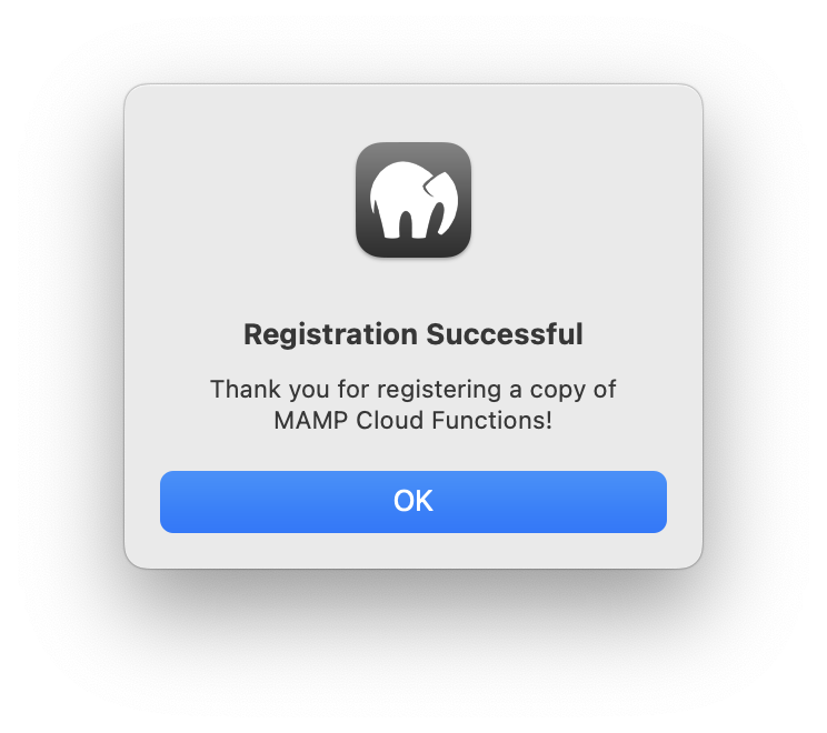 MAMP - Preferences - Cloud - Registration Successful