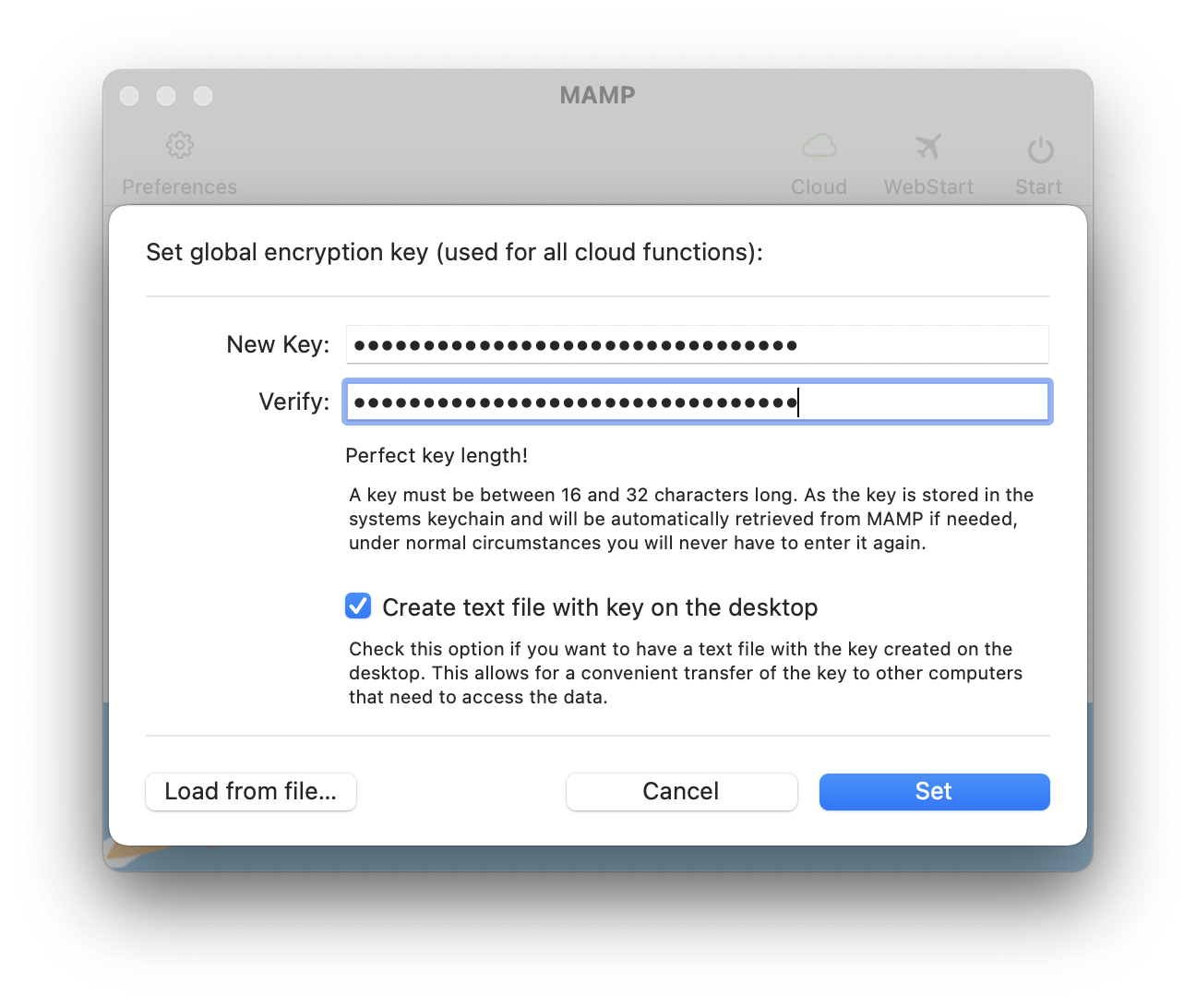 MAMP - Preferences - Cloud - Set encryption key