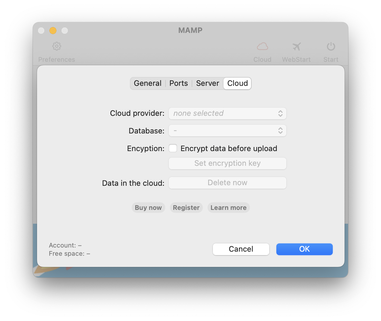 MAMP - Preferences - Cloud (not registered)