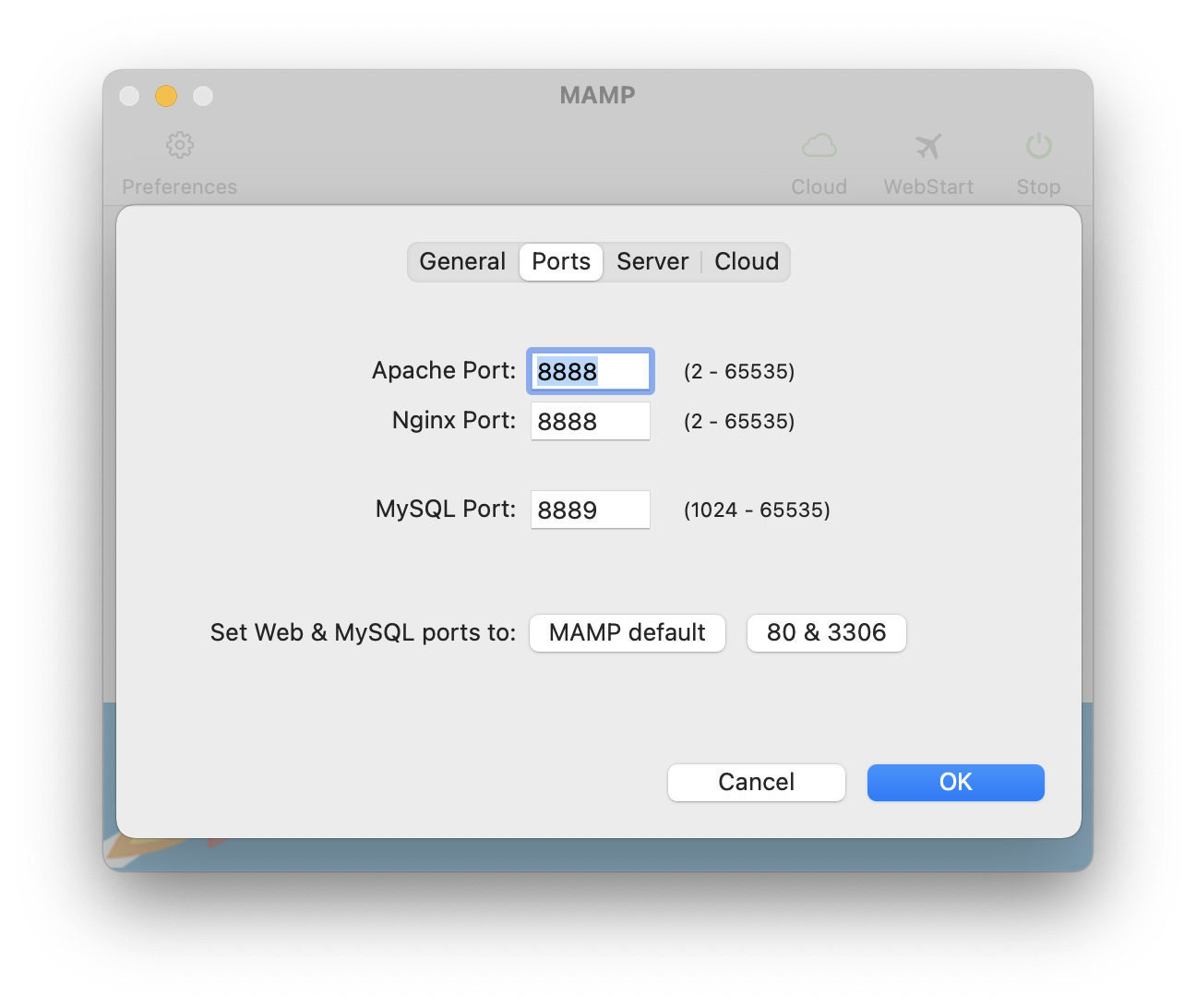 MAMP - Preferences - Ports