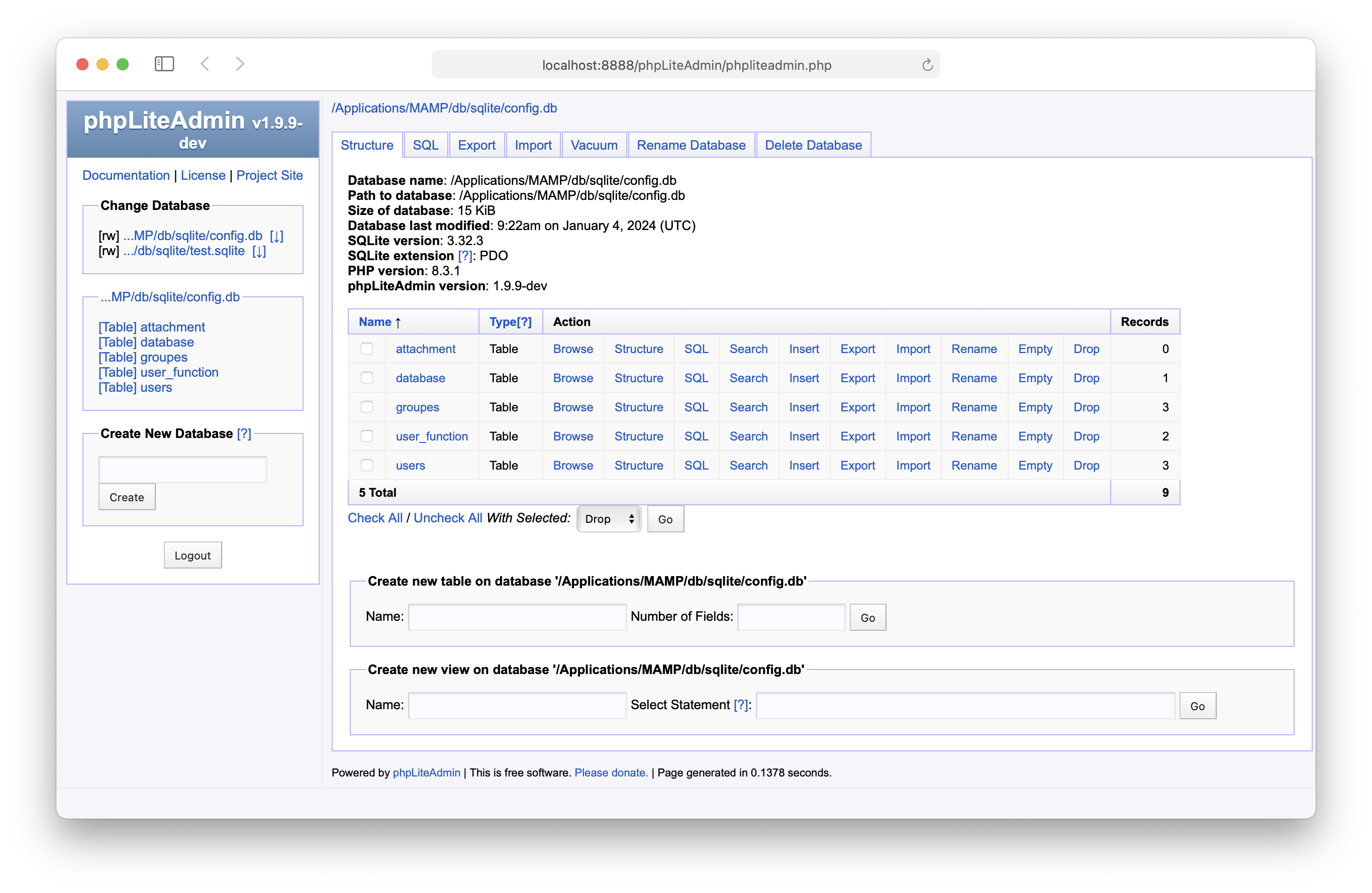 MAMP - WebStart - phpLiteAdmin