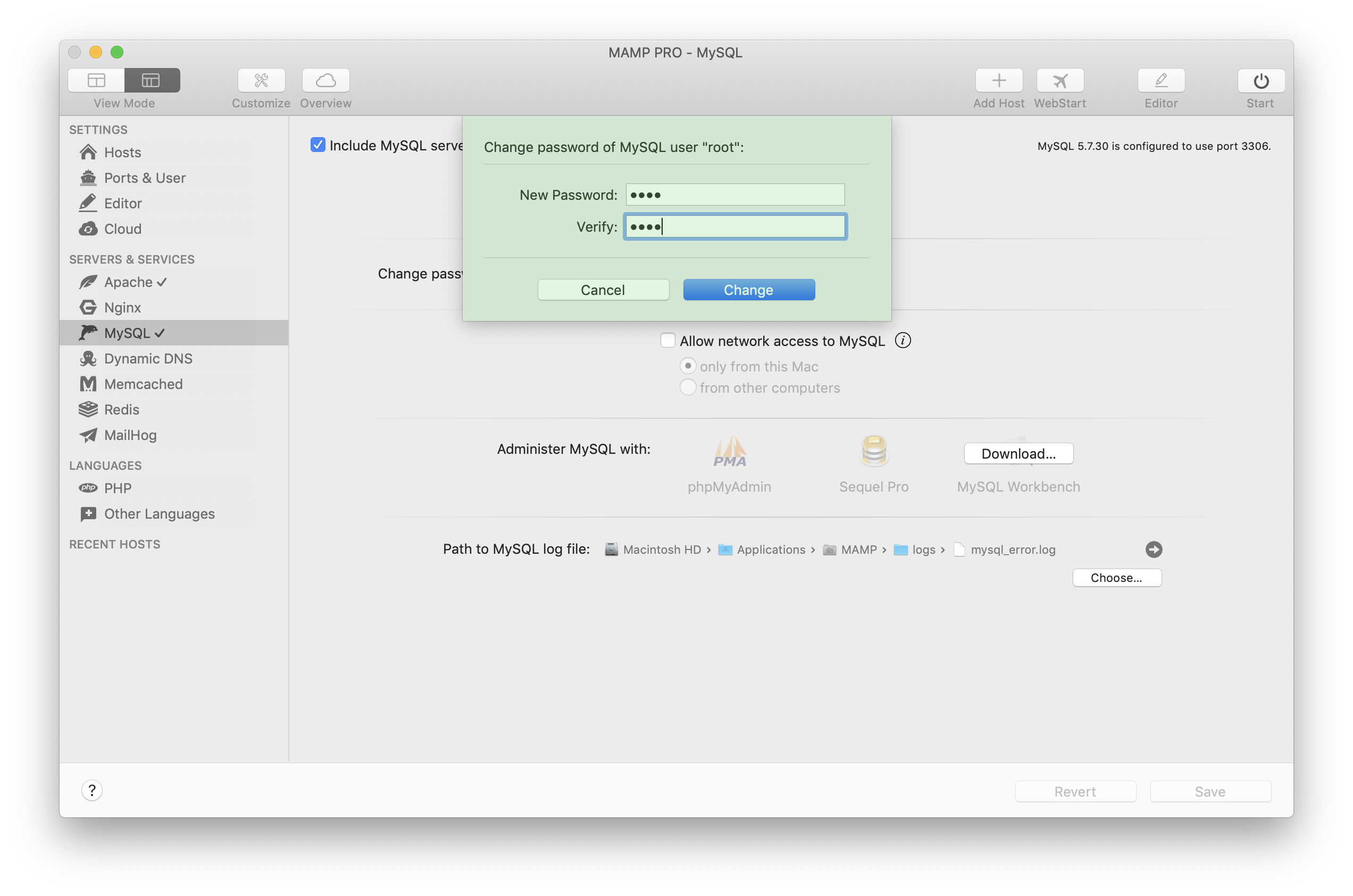 MAMP PRO - MySQL - Change password dialog