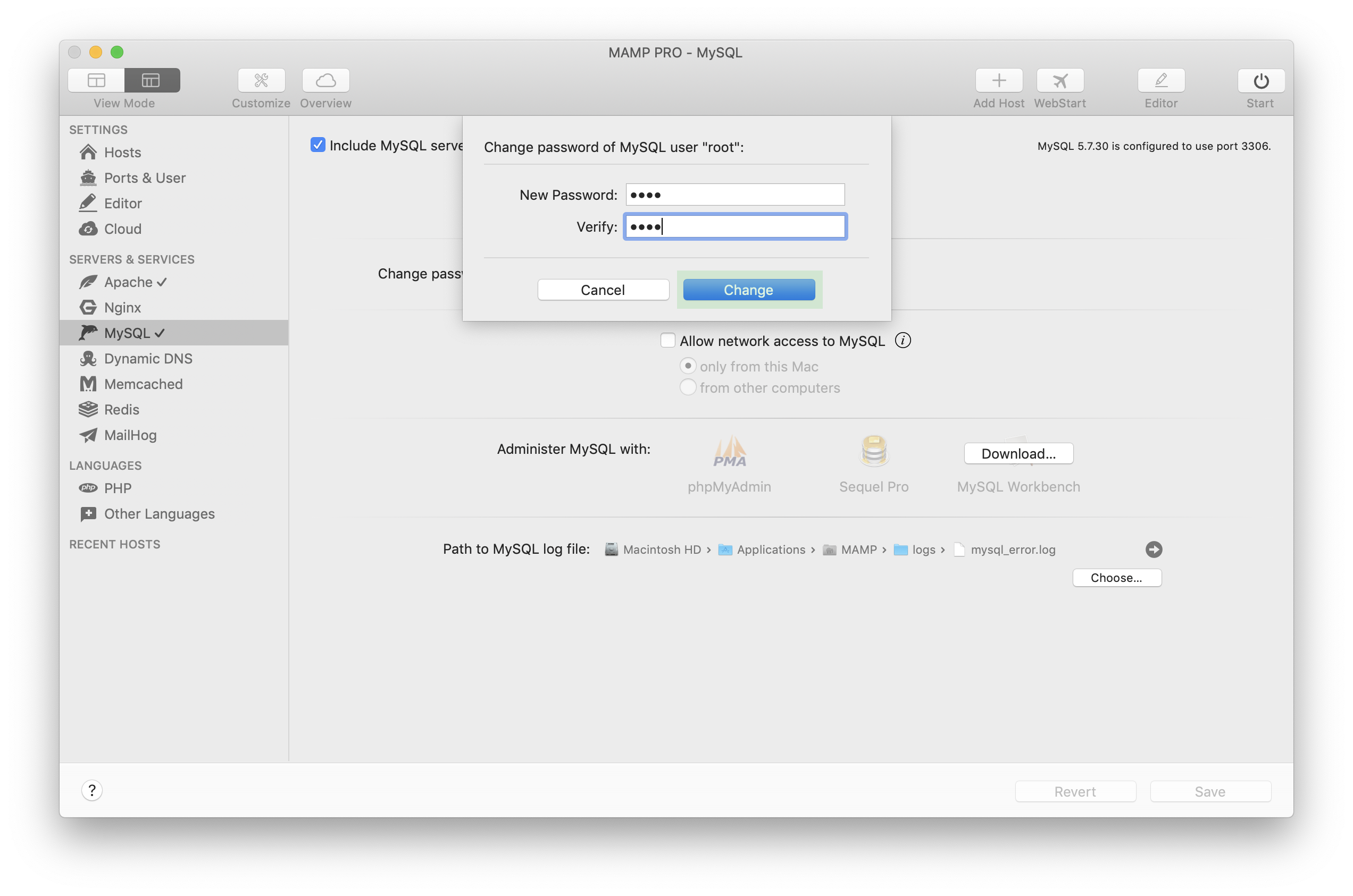 MAMP PRO - MySQL - Change password dialog