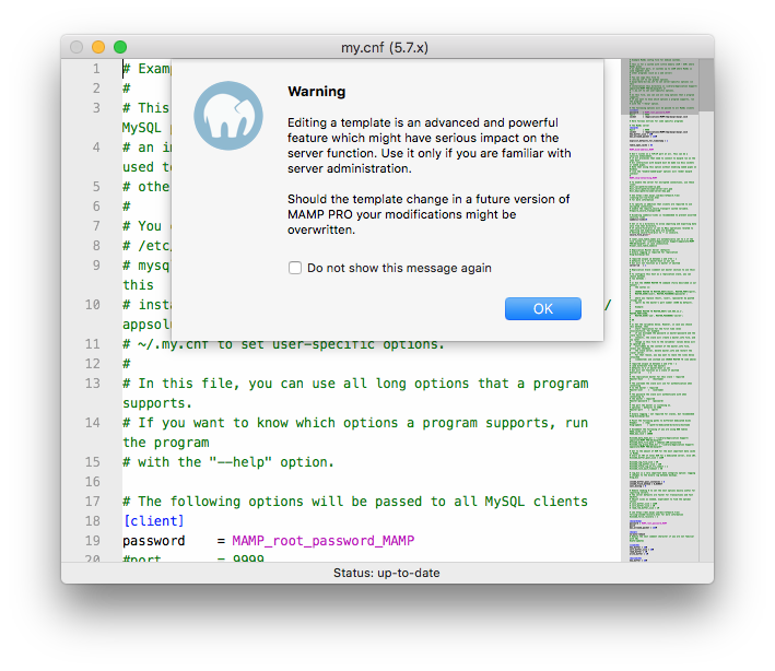 MAMP PRO - Open MySQL template - Warning