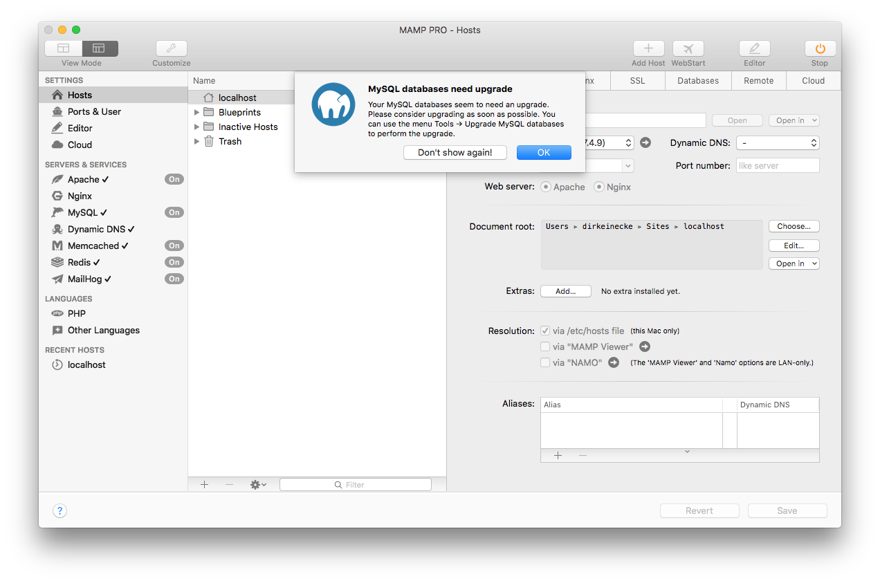 MAMP PRO - MySQL databases need upgrade