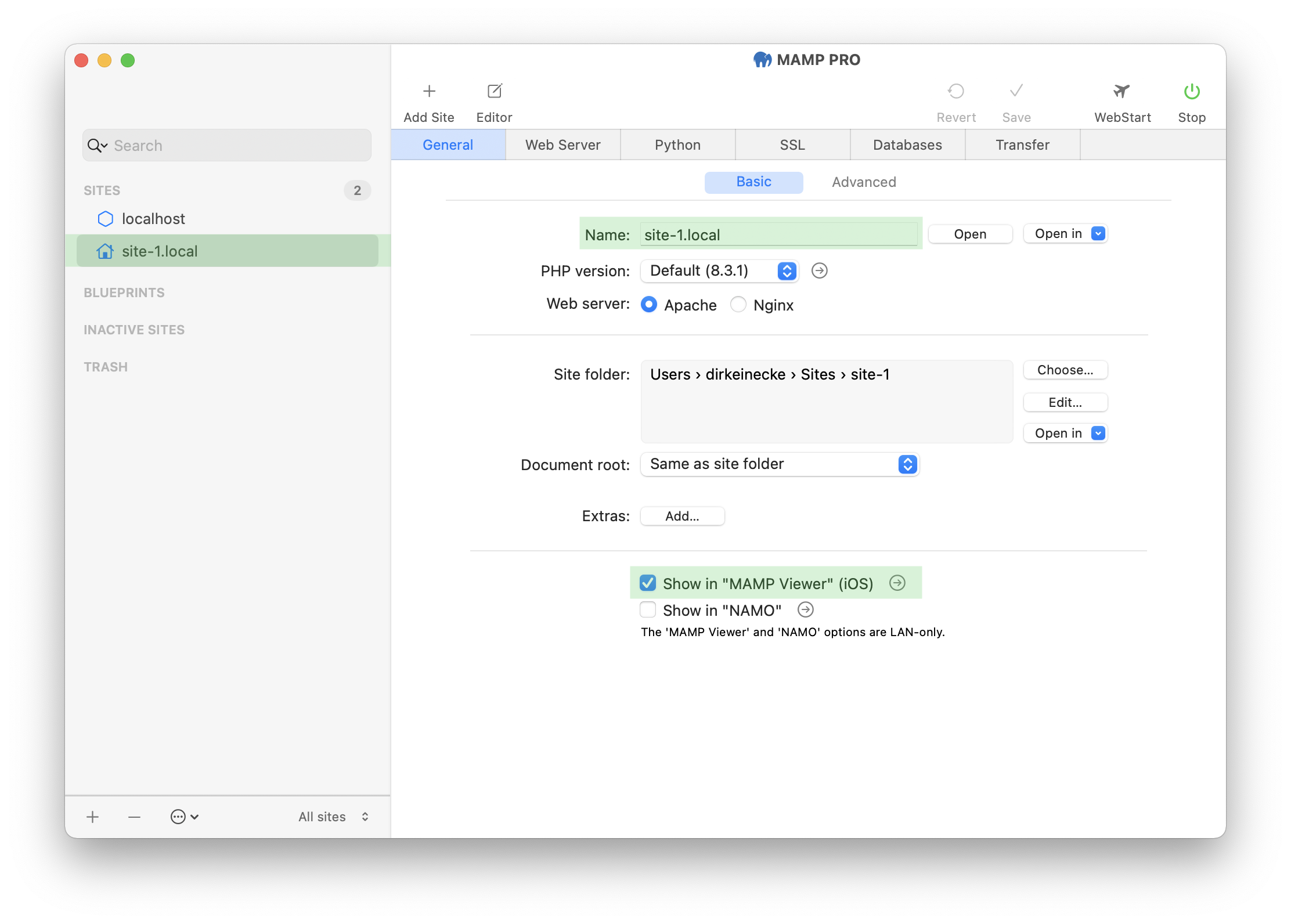 MAMP PRO - Sites - Site - General - Basic - Show in MAMP Viewer