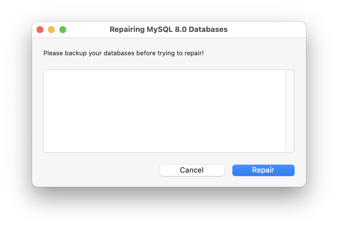 MAMP PRO - Menu - Tools - MySQL - Repair Databases…