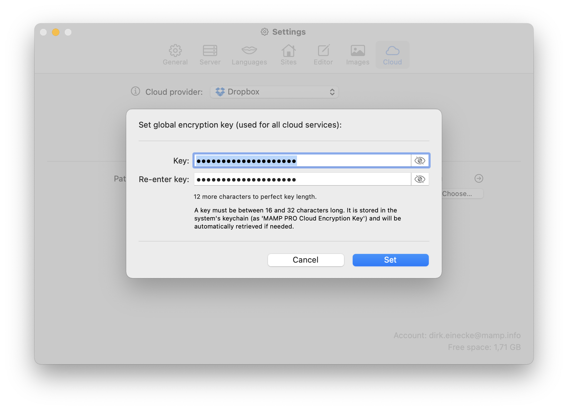 MAMP PRO - Settings - Cloud - Set global encryption key