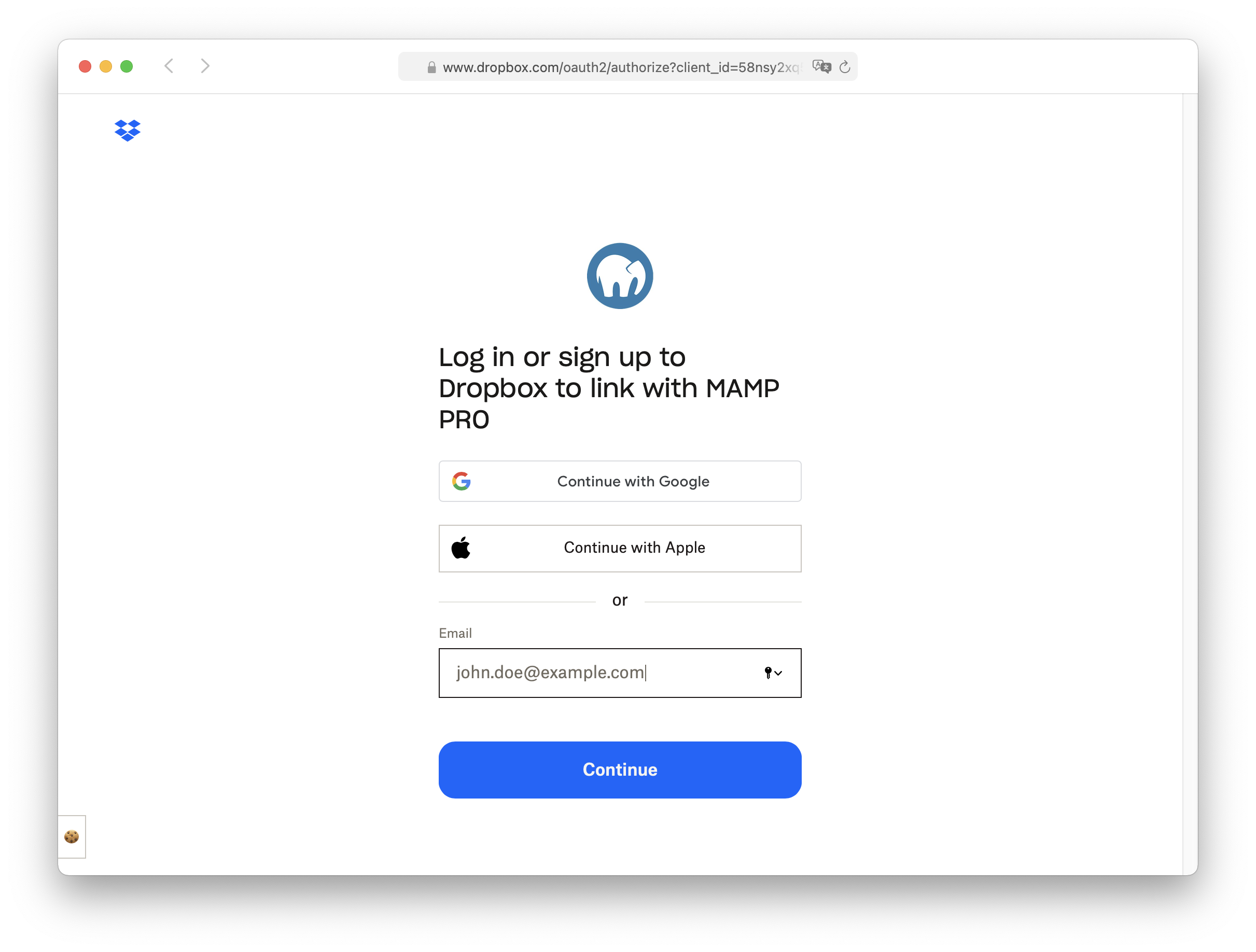 MAMP PRO - Settings - Cloud - Sign in to Dropbox