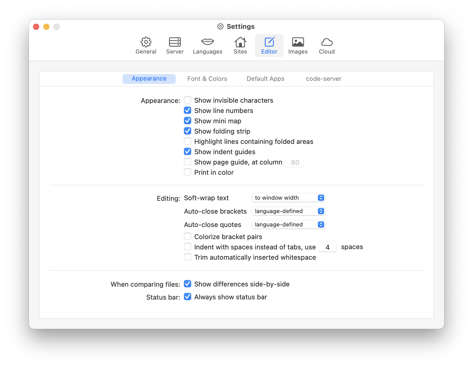 MAMP PRO - Settings - Editor - Appearance