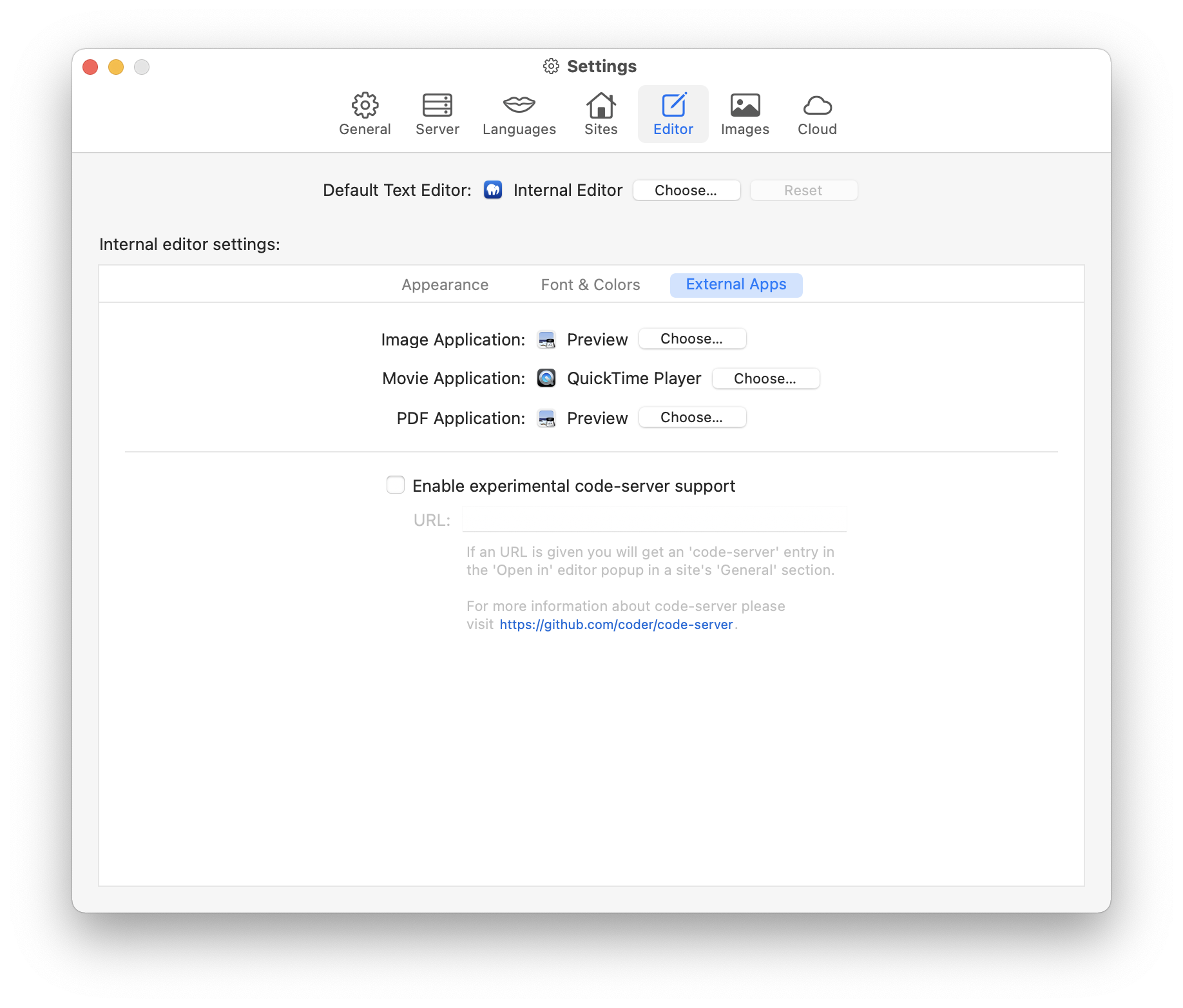 MAMP PRO - Settings - Editor - External Apps