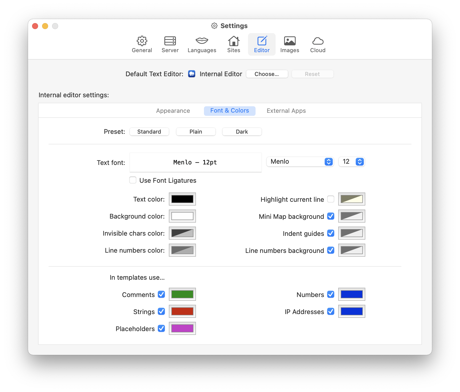 MAMP PRO - Settings - Editor - Font & Colors