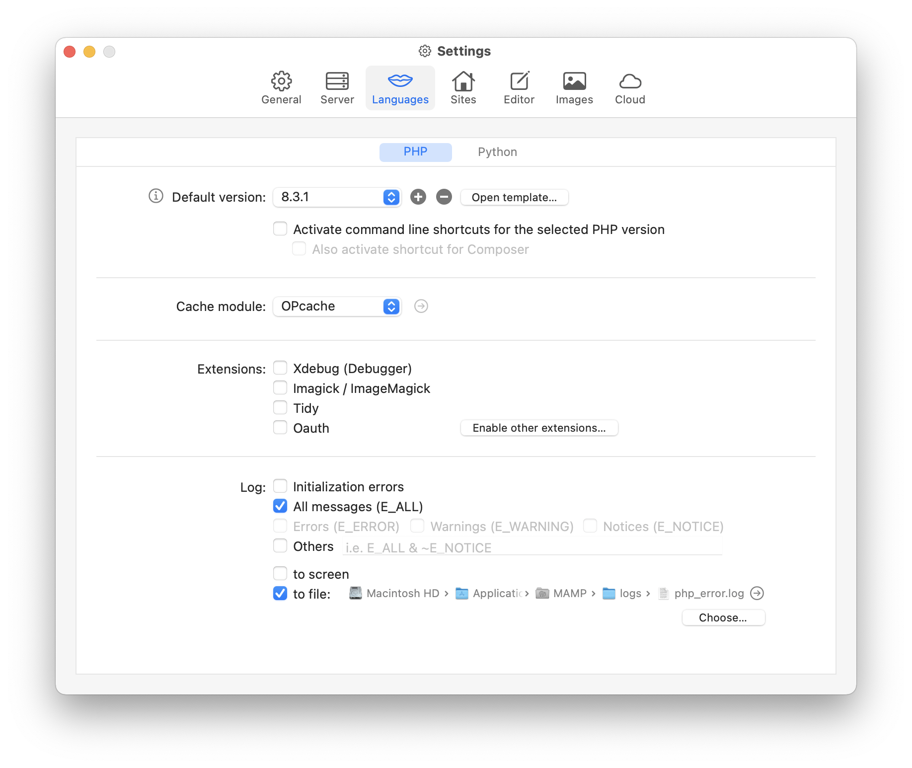 MAMP PRO - Settings - Languages - PHP