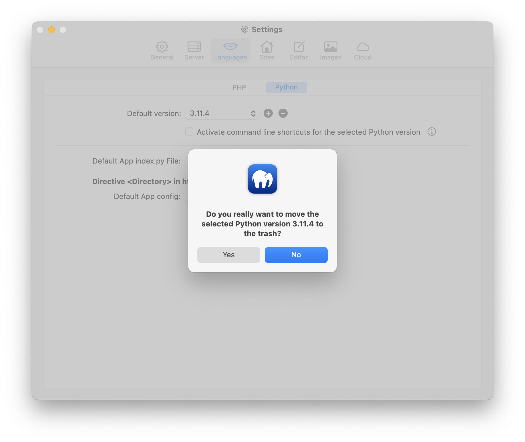 MAMP PRO - Settings - Languages - Python - Remove Python version