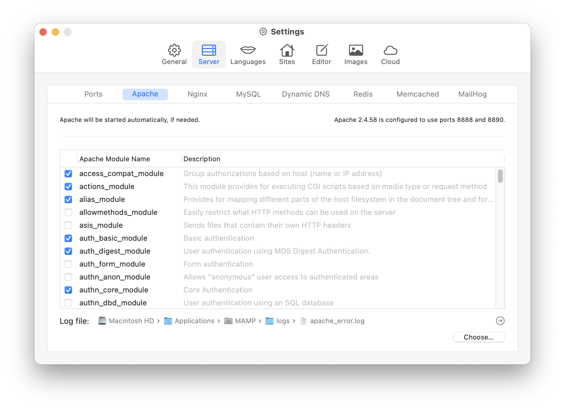 MAMP PRO - Settings - Server - Apache